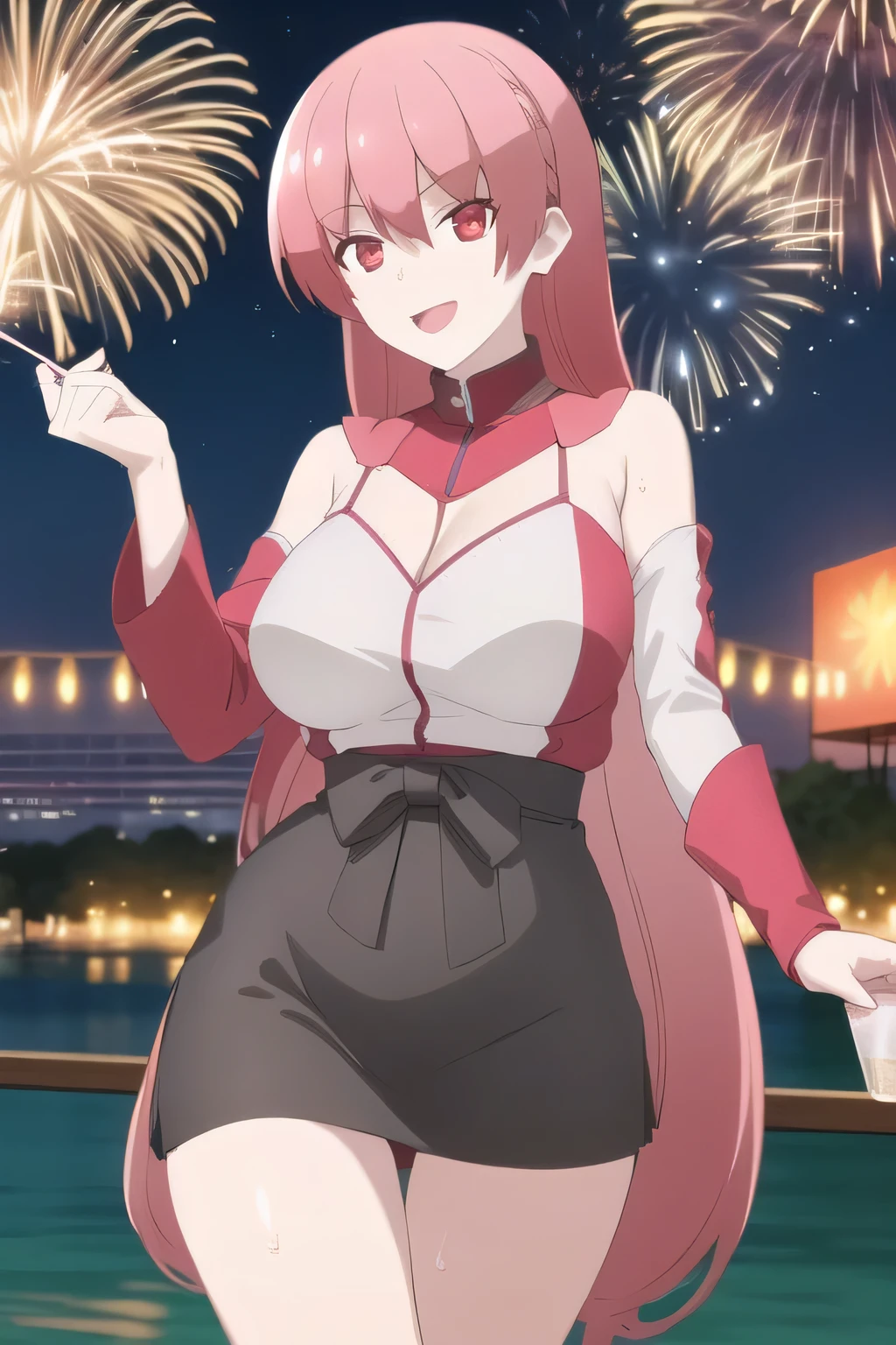 Erotic Anime Illustration、High resolution、Plump gal flirting at a party、gathered skirt、reimu hakurei、beautiful eyes、Ecstatic smile、Overwhelming huge breasts that go beyond common sense、thick legs with fat、perfect proportions、cowboy shot、expose the vagina