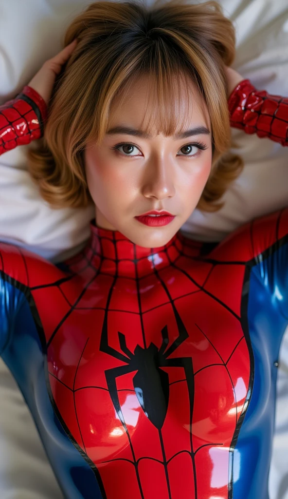 NSFW, 8k, High-level, absurd, masterpiece, best quality, primitive, very detailed CG, very detailed wallpaper, perfect lighting, Extremely detailed (((The personifying " Spiderman " as a Little Girl))), MysticSight, Tyndall effect, Tyndall scattering, Studio gray background with (many Dazzling RainbowColor particles BokeH:1.28), (RoundlyButts, ThighGap), (Exposed:0.4), (Assfocus with looking ahead), BREAK (NOGIZAKA face variations) Extremely Detailed very KAWAII face variations, perfect anatomy, Childish, captivating gaze, elaborate detailed Eyes with (sparkling highlights:1.28), long eyelashes、Glossy RED Lips with beautiful details, Coquettish tongue, Rosy cheeks, Radiant PearlSkin with clear transparency . { (Dynamic LifeLike expressions:1.4) | :d) }, (large eyes:-1) .