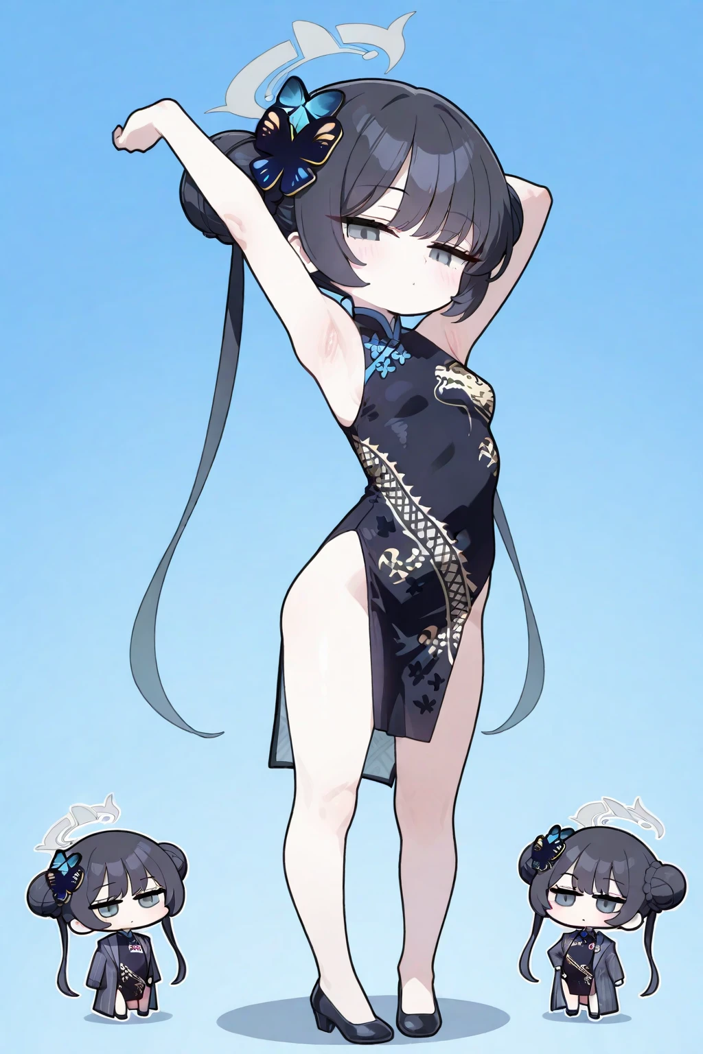 (masterpiece, best quality), 1girl, kisaki, grey eyes, black hair, hair bun, double bun, twintails, butterfly hair ornament, halo, huge breasts, side boob, china dress, black dress, sleeveless, dragon print, gloves, closed mouth, solo, cowboy shot, night sky, beach, hands on hips, contrapposto, spread armpits, looking at viewer, best quality, smile, pregnant, fullbody