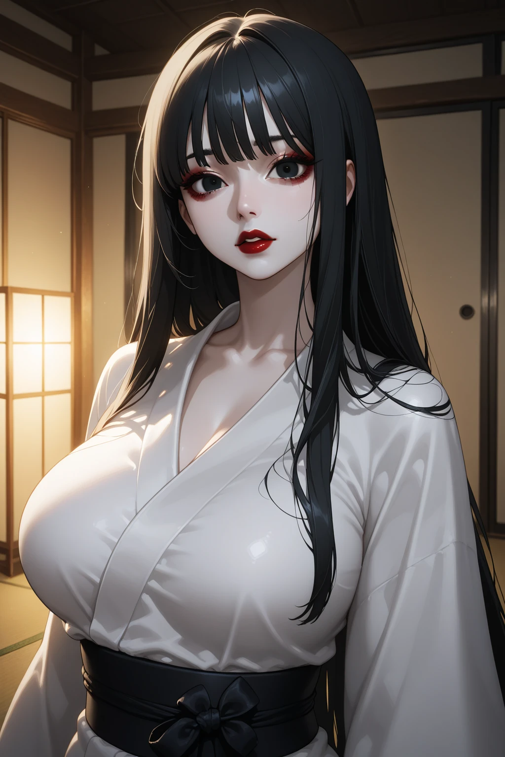 masterpiece, Highest quality,  Unreal Engine,  Super Resolution,  Very detailed, Complex, colorful, Clear images, Sharp focus, Digital Blending, 

Beautiful woman, Yamamura_Sadako, ((Wet white robe)), ((Pale skin)), (Ghost Woman), Black Hair, Perfect Eyes, Perfect Face, Ultra detailed hair, Ultra detailed face, Very detailed lips,Vivid expression, Healthy Body, Beautifully detailed sweat glands, Smooth skin texture, Carefully drawn,
(humidity:1.2), Beautiful Eyes, (Attractive face:1.2), (Beautiful Skin), (Big Breasts), Puffy nipples, Sticky with sweat, In a dynamic pose,

The World of Rings, indoor, Old Japanese house, 