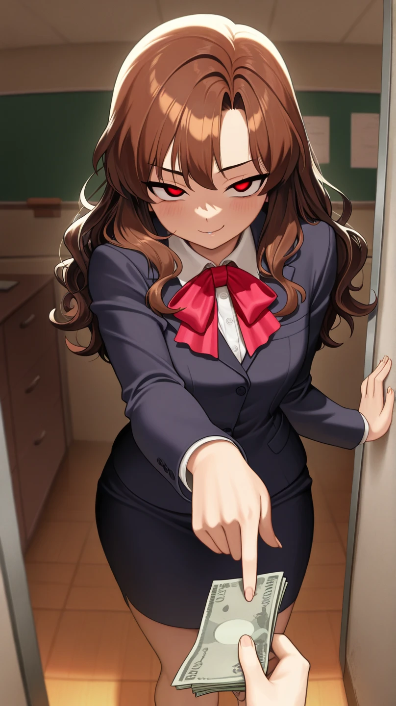 1 person, Brown Hair, Medium Hair, Wavy Hair, , Improvised Gag, Tape gag, Gagged, Packing tape, Tape Bondage, Put your arms behind your back, Arms tied, Large Breasts, , blazer, tie, classroom, Cowboy Shot, View your viewers, Hair Clip,