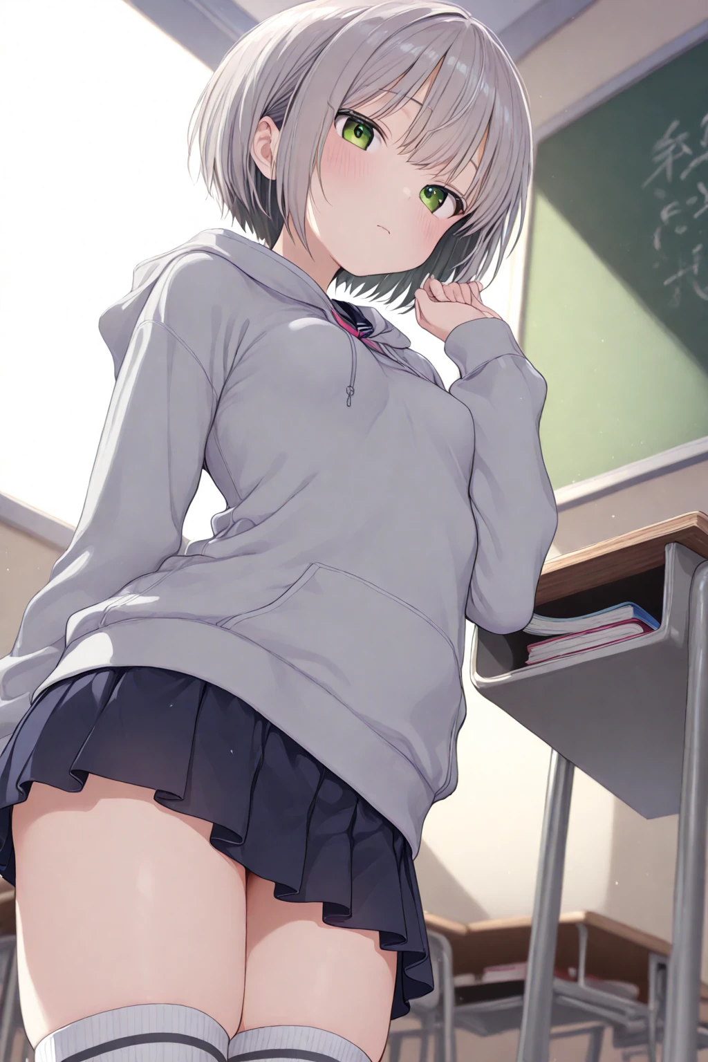(nsfw:1.5), (Exhibitionist:1.5)、(short hair:1.2)、embarrassed, avert your eyes, red nose, red cheeks, pleasure, cry, close your mouth, Drool, love juice, head tilt、whole body、((White jersey, raise one&#39;s clothes above one&#39;s chest, Clothes with no defects, classroom)), volume lighting, soft light, (Ultra high definition), masochist