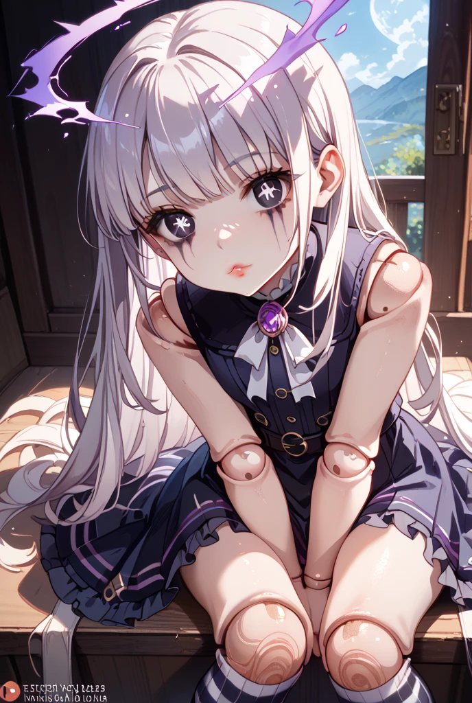 realistic image, detailed image, coherent image, 1 beautiful girl, she has very long hair, cream-colored hair. Her eyes are violet. Smiling expression. She is wearing a strapless top, plaid pleated mini skirt, She has a curvy body, small breasts and thick thighs, She is sitting on her knees, arching her back. view from below. futuristic atmosphere, surrounded by robots, surrounded by flowers. Soft focus, Dramatic shadows, Volumetric lighting, natural lighting,aaherta, long hair,