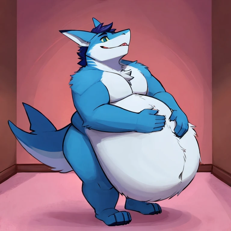 solo, female, by bebebebebe, slightly chubby, wide hips, (fox:1), ghost fox, 1boy, femboy, girly, male, (light blue fur), head tuft, (silver eyes, white eyes, blank eyes), pale blue body, pale blue fur, light blue body, (countershading), looking at viewer, (nude), nipples, navel, ((glistening body, glistening:1.2)):1, flaccid penis, balls, soft lighting, standing, indoors, facility, dark, dark background, (handpaw, paws), blush, happy, tongue out, blep, cute, (white circle eyebrows), arm tuft, face tuft, inner ear fluff, neck fluff, shoulder tuft, fluffy, ((<3:1)), curvaceous, thick thighs, (white eyebrows:1), circle eyebrows, shy expression, shy, cute, ((2 tails)), (dipstick tail), (light blue paws), (white ears)