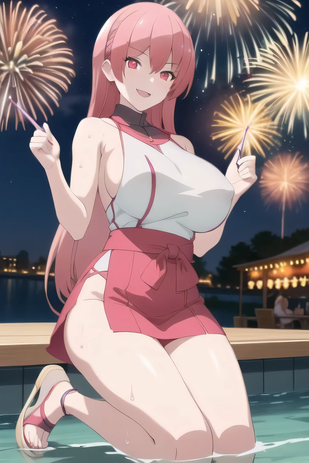 score_9:1.6, score_8_up:1.4, score_7_up:1.2, honoka, one side up, pink hair, LuxuriousWheelsCostume, silver dress, indoors, ((massive breasts, wide hips, thick thighs, venus. huge ass, venus body)), looking at viewer, smiling, ((holding drink)), sexy pose, balcony, night moon, fireworks