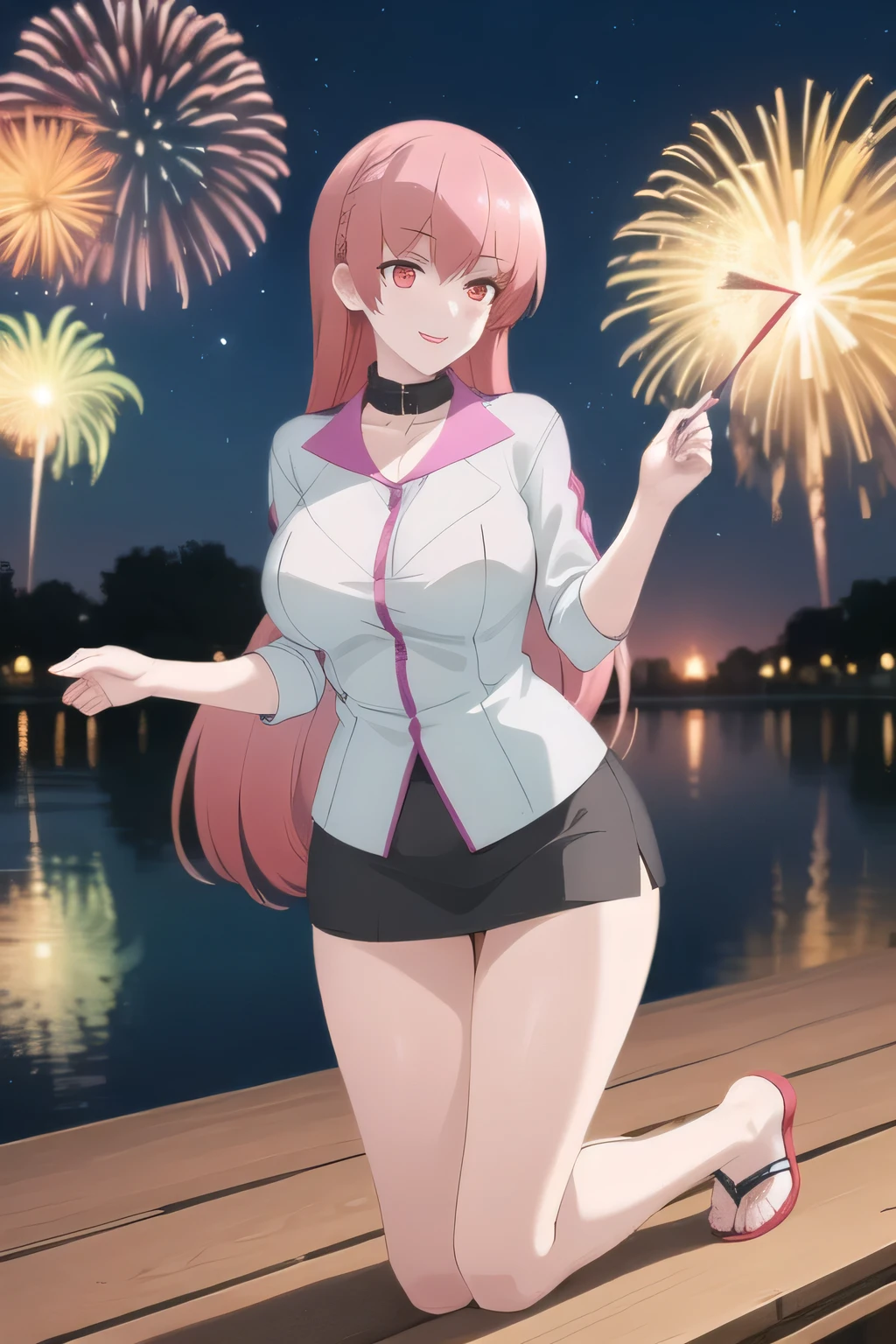 woman with long pink hair,a wet woman with a sharp smile can you draw a、is visible through the nipples,Please draw a more delicate expression,,sleeveless blouse,miniskirt,big boobs,big boobsでもウエストが細い,, ,participating in a summer fireworks festival,Outdoors,is by the river,Riverbed on the riverbank,can you draw a woman watching fireworks,sandals,Barefoot,I'm attending a summer festival, grimace,,Cool Night,Smile Yang ,big boobs,An attractive woman in her 20s , , , big breasts, thin waist , , ,Animated CG,,