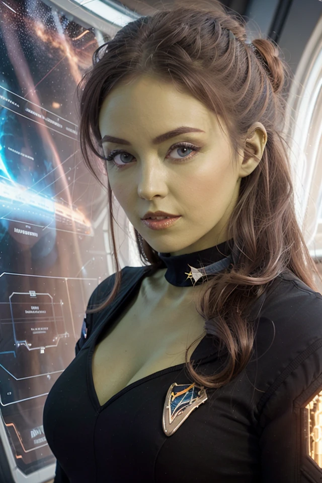 The Star is 25 years old, she is a stellar navigator, and her body type is dragon, She wears a dark blue jumpsuit, black combat boots , russet hair,long and tied in a ponytail, and her physiognomy is: a thin face, brown skin, and she has heterochromia (one brown and one green eye ).