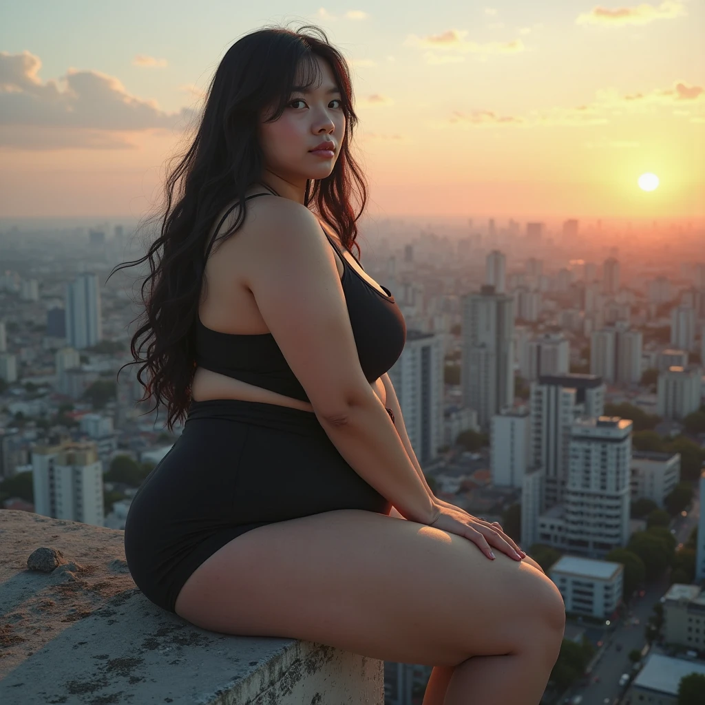 Chubby girl wearing a black bikini,Wear black high heels,long hair,standing on the balcony,Beautiful sky,nighttime,There is a city,Virtual image,16K, 8K 