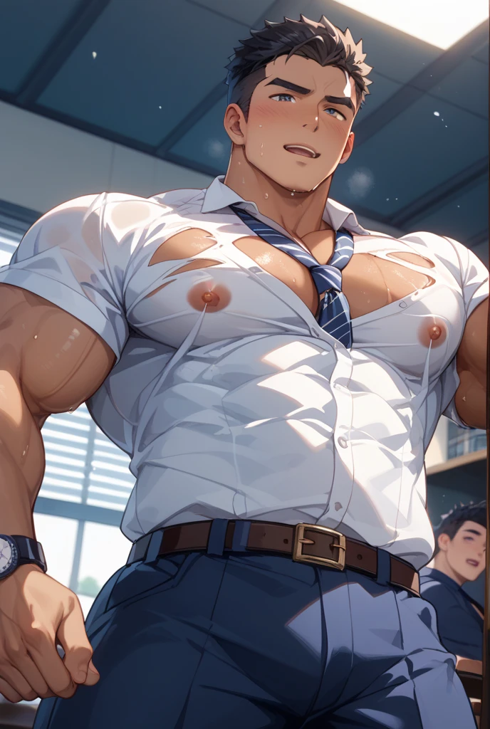 Best quality, masterpiece, ultra high res,detailed background,solo,male,bara,muscular,facial hair,mature male,thick thighs,looking at viewer,((naked under coat)),((classroom)) ,photo of muscular bearded (man) in a worn ((skin-revealing skimpy erotic white coat)), big arms, large bulge, erotic, exuding sexual energy, homoerotic, sharp focus, photo by greg rutkowski, soft lighting, (masterpiece), (detailed face), light smile,((no clothes)),((naked under white coat))