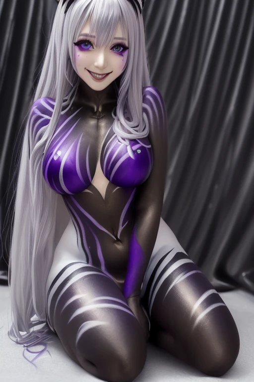 a sexy woman, fog, soft light, (best quality), (masterpiece), slim, anime, tall, (body painting:1.4), (full body view), (sitting), (crossed legs)
