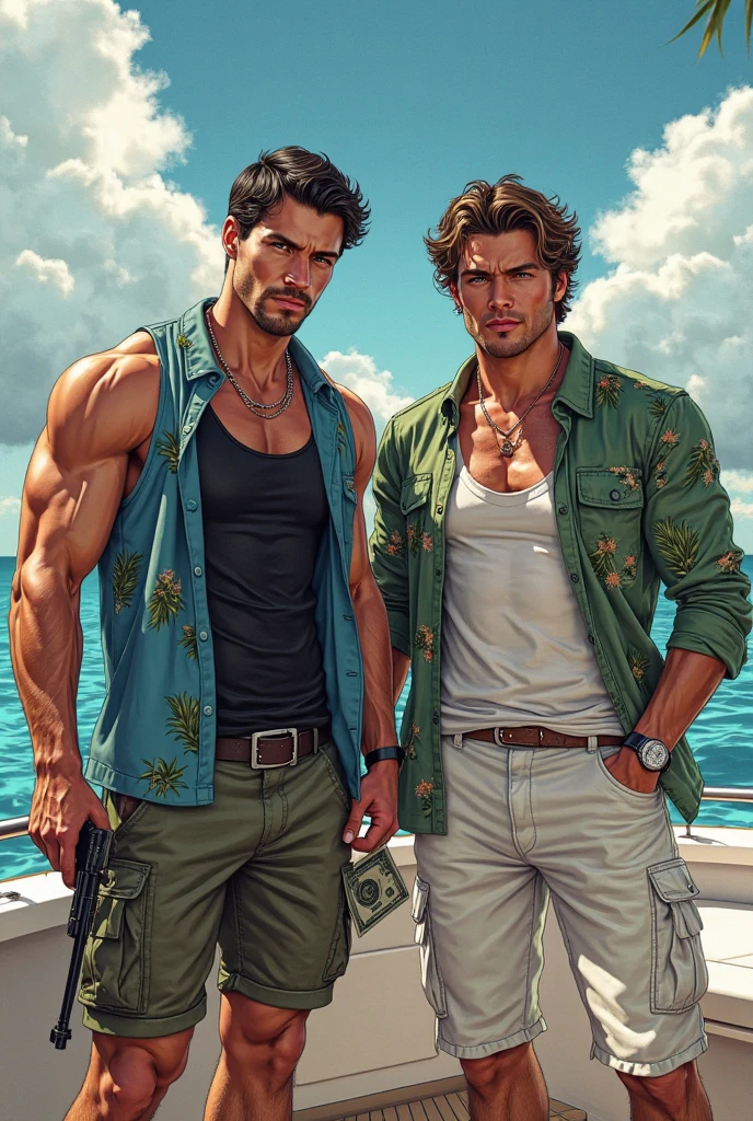 Illustration in Leyendecker style: full-length drawing shirtless Sean Strong - 29, 6'1", 205 lbs, cos, similar to Henry Cavill, but a face like Tom Hardy for inspiration, beutiful, but not model material, Dark Brown Hair, Almost black pool of eyes, Constant five-hour shadow, pouty lips, marine, MARSOC Artillery Sergeant, Head of the Operations Department of Divisions, wounded while escorting Iraqi security forces in north-central Iraq. Three GSWs (Cannon Gunshot wounds) Shattered middle of the left thigh, Shattered right clavicle, and the bullet touched the jawline on the right side of his face and tore off his right earlobe. At Pacific High School, San Bernardino, California, He had an A 3.7 GPA and was a quarterback on the football team. San Diego State University, He specialized in linguistics. He is fluent in Spanish, Arabian (Accent in Mesopotamian), and Gaeilge (Not offered at school, I studied it on my own) In honor of his ancestry. Played football for the San Diego State Aztecs for four years. After that, How he got his