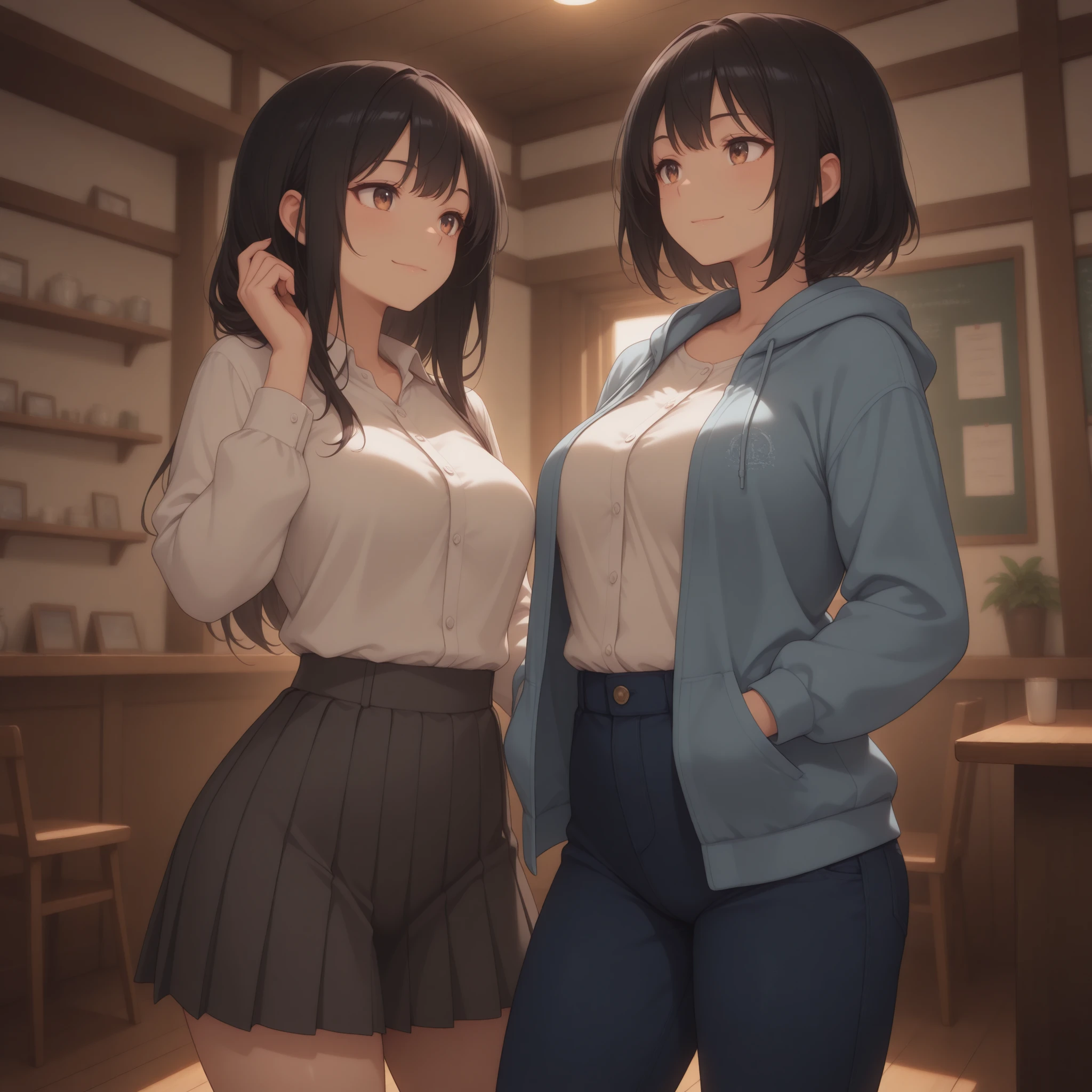 masterpiece, best quality, child, sisters, age difference, (1girl, medium hair, light brown hair, grey eyes, black shirt, long sleeves, pants, denim, big breasts, surprised, hands on own breasts), (1girl, very short hair, brown hair, brown eyes, red shirt, black shorts, happy), indoors
