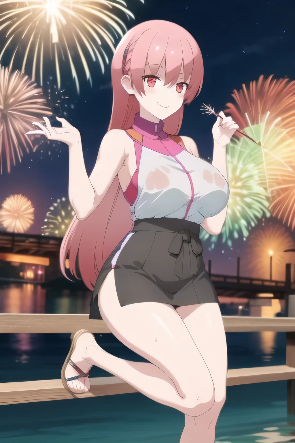 long pink haired woman，can you draw a wet woman with a smile、holes in my nose，Please draw a more delicate expression，，sleeveless blouse，miniskirt，big breasts，big breastsでもウエストが細い，， ,participating in a summer fireworks festival，Outdoors,is by the river，The riverbank riverbed，can you draw a woman watching fireworks，sandals,Barefoot，I'm attending a summer festival, grimace，，Cool Night,Smile Yang           ，big breasts，An attractive woman in her 20s      ,             , ,   big boobs, thin waist ， ,   ，Animated CG，，