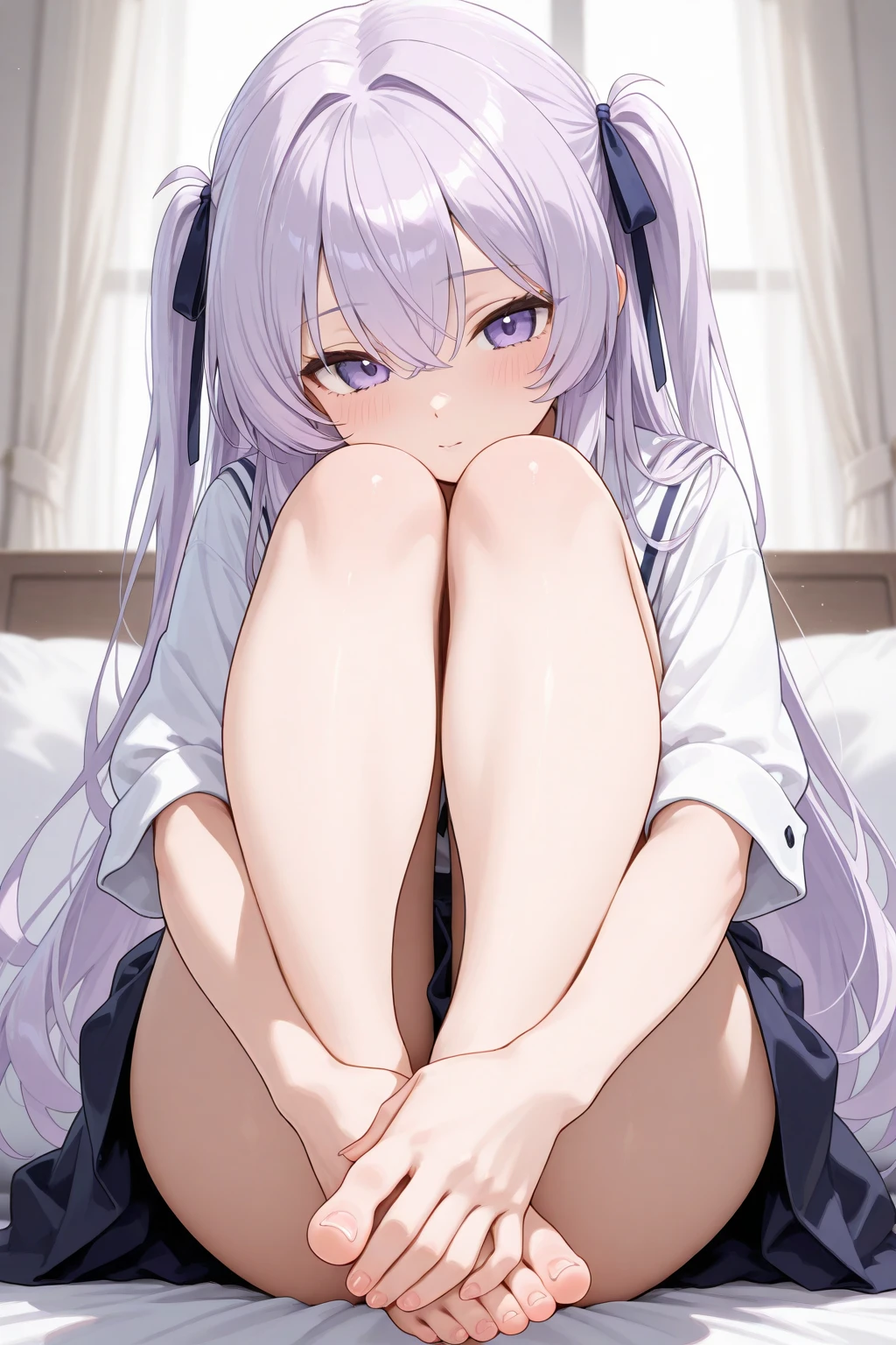 (最high quality,8K,High resolution,masterpiece:1.2),Super detailed,Vibrant colors,Soft Shadows,Beautiful brushwork,Attention to detail,perfect render,rich skin tone,Expressive eyes,Captivating Expressions,Golden shades,(1boy, penis, lying, vaginale, ass pov, spread legs, sex, nsfw)、Has long, curly, light grey hair, Violet eyes, A headband decorated with pearls and violet camellias, White shirt, Floral dark blue hemline、 (cryin) ,Cute Characters, Most detailed, high quality、nose blush、steam、Awards, Anatomically correct、((Scared))