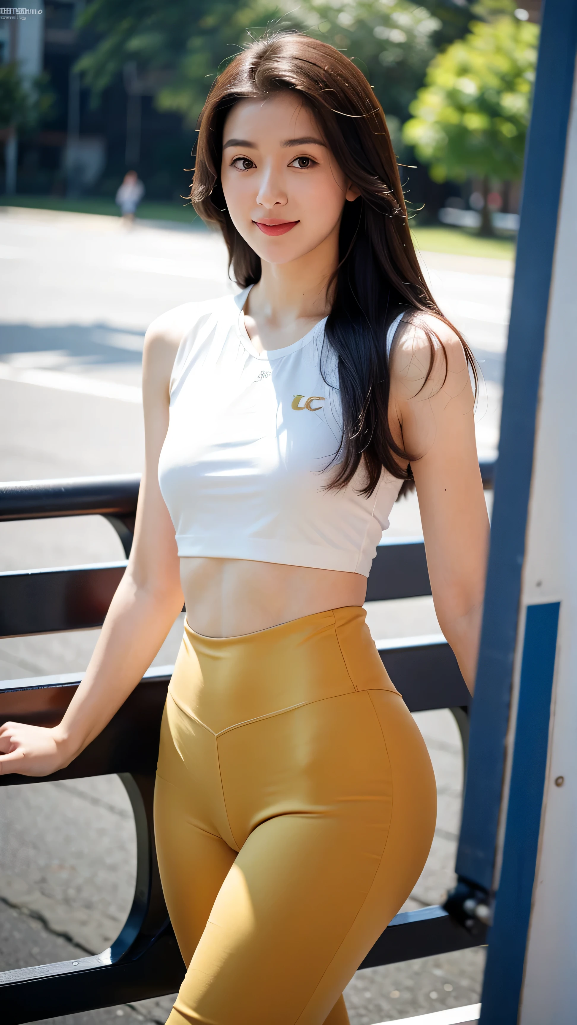 (RAW Photos, Realistic:1.4), Highest quality, masterpiece, 1 Girl, Small brass,Cleavage, Dark brown long hair, Big eyes,   smile, lips、Short T-shirt、Micro tight mini skirt、Blowing in the wind、Skirt flip、Lakeside、8K, smile