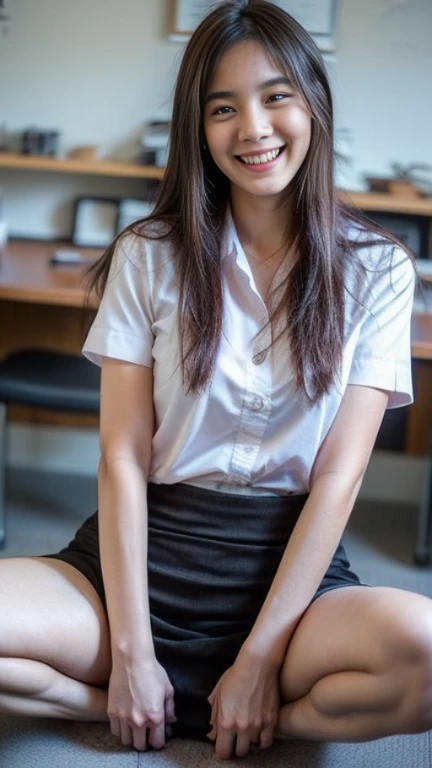 A photorealistic image from the perspective of a smartphone held by a 19-year-old French girl with long, flowing black hair and striking dark eyes, sitting at a desk in a classroom. She is wearing a with a short skirt and a fitted blouse. Her skirt is slightly lifted, revealing the outline of a dildo in her underwear.