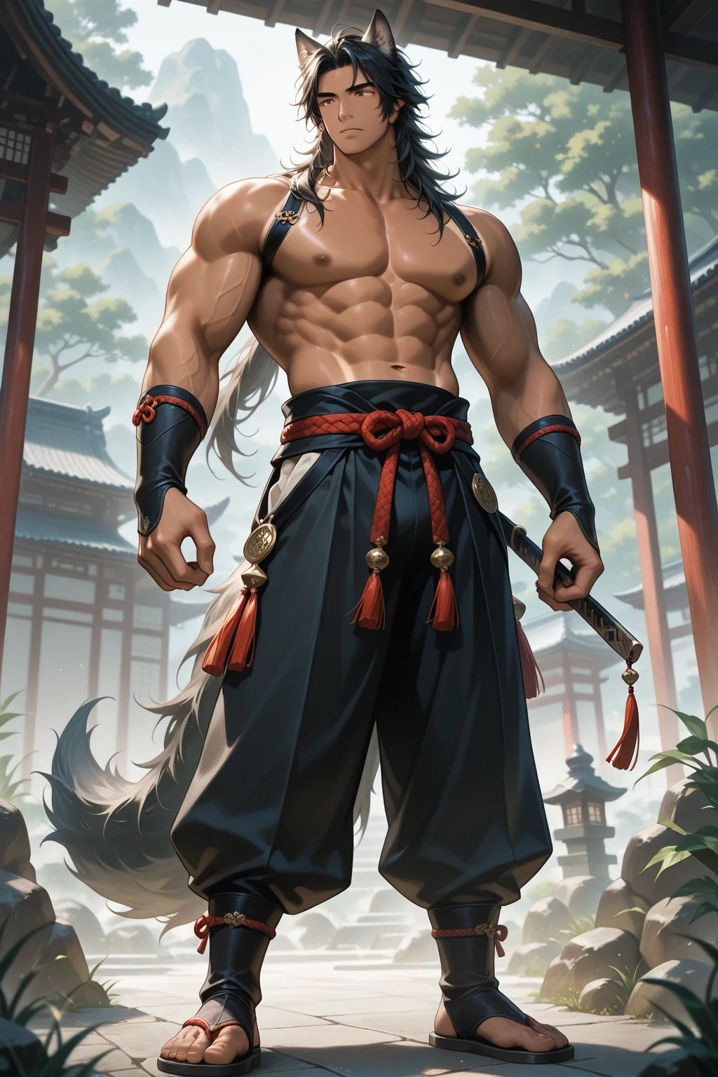 Realistic,Hot muscular Male concubine in the Han dynasty on his knees, wearing ancient revealing Chinese dress with long hair and masculine features.