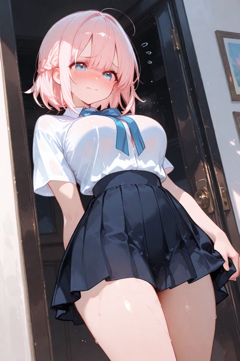 typhoon、heavy rain、 in uniform、The wind lifts the skirt、I see pink panties