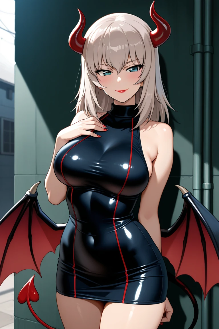 1 girl, alone, ryuko tatsuma, short hair, blonde hair, bare shoulders, wings on head, yellow eyes, red dress, tight dress, ear piercing, big breasts, medium waist, wide hips, medium thighs, round butt , piercing, (red lingerie: 1.1), one-piece lingerie (sharp teeth: 1.2), open mouth, headband, mask, ,sexy body, sexy posture, embarrassed, hand on hip, masterpiece, best quality, very background detailed, perfect lighting, best quality ((glossy skin, shiny skin, detailed skin)),standing, room, bedroom, facing viewer, facing front,pov(from above), focus breasts,perfect anatomy,perfect hands