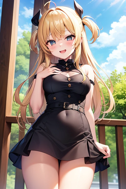 1girl, dd cups, yellow hair, ahoge, long hair, red eyes, mesh outfit, sweaty body, perfect body, focus face, gardens, looking at the viewer, smile, add_detail:1