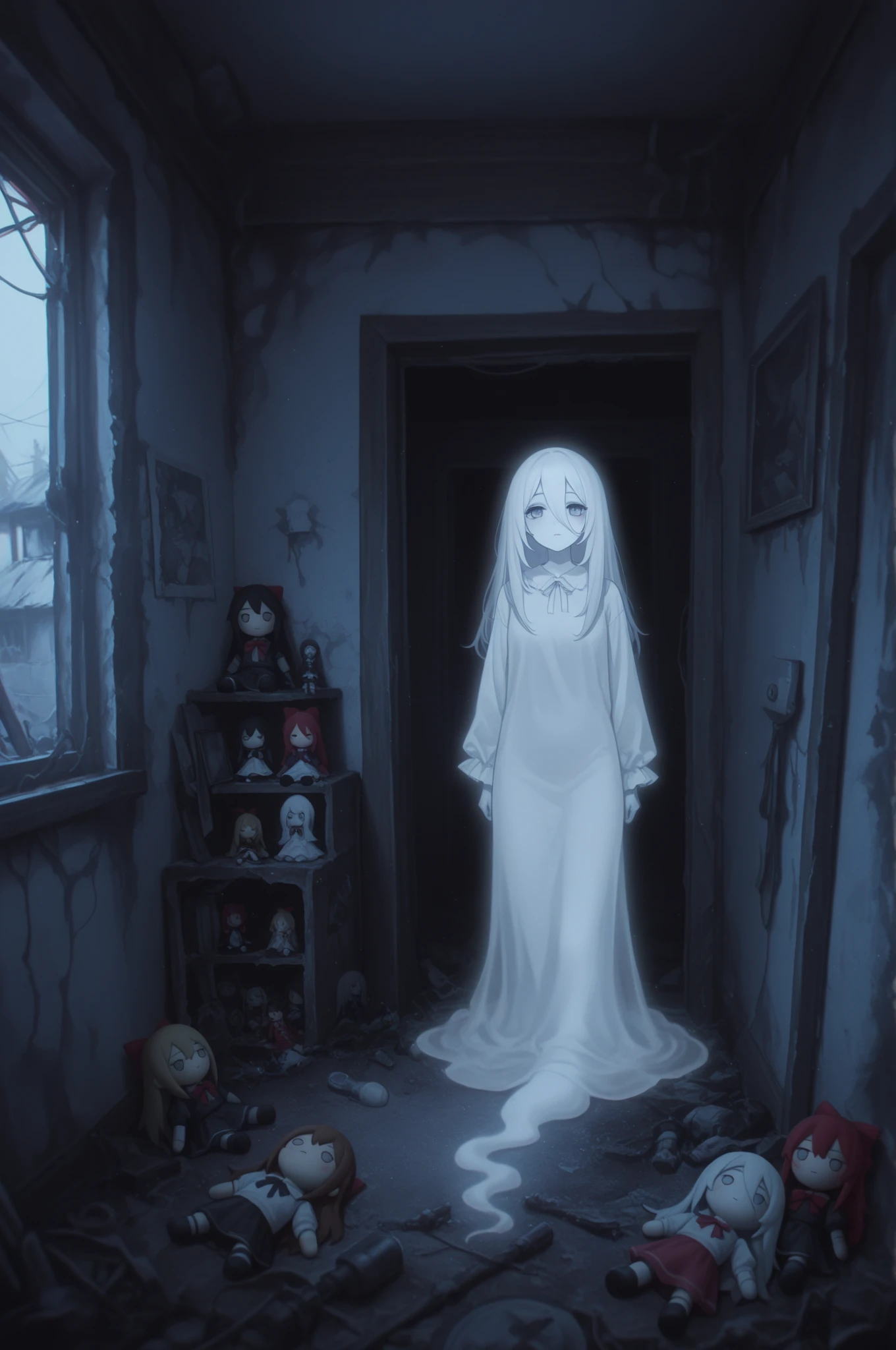 On all fours、shoot from below、ghost、darkness、Dimly lit room、真夜中の古いghost屋敷の中で、Japanese style、kimono、ruins、Girl、Girl、Short、Younger、Lower school year、Baby Face、Both eyes open、Pale skin、Nipples、flat chest、Dynamic Angle、Displeased、Creepy、scared、suspicious、suspicious、Ghost、My clothes are torn、Half naked、The body is slightly transparent、My legs are disappearing、I feel lifeless、Dead、Ghost、Panties、Injured
