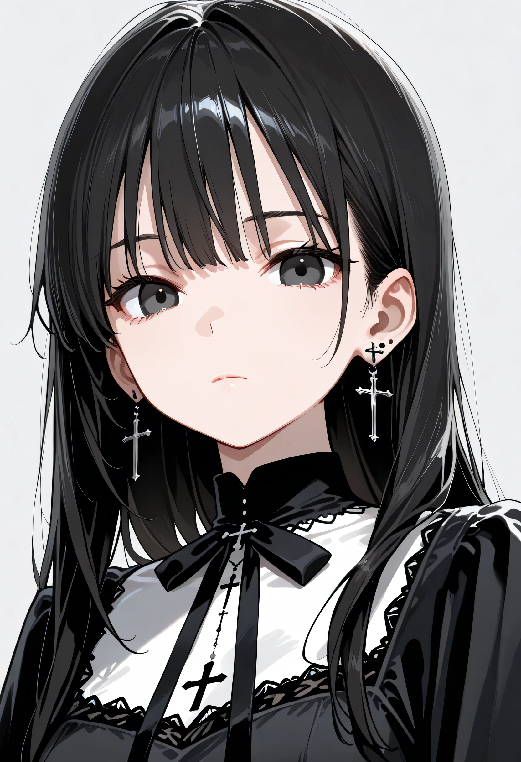 1 girl, alone, black hairblack, long hair, jewelry, plain background, earrings, looking at viewer, closed mouth, crossed earrings, gray background, bangs, upper body, black dress, cross, dress, ribbon, black eyes, black ribbon, white background, expressionless
