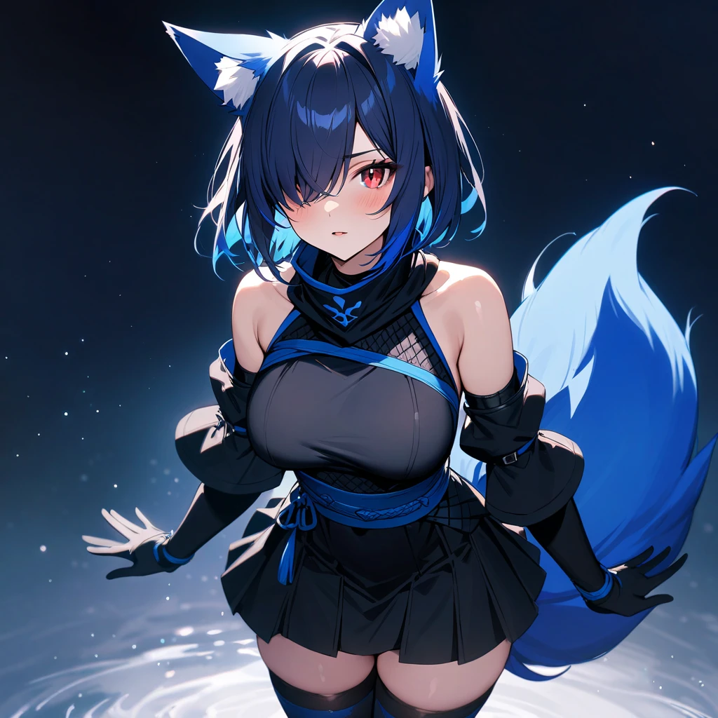 masterpiece,best quality,absurdres,highres,1girl,solo,upper body,animal_ears,wolf_ears,short_sleeves,wolf_tail,looking_at_viewer,purple_hair,yellow_eyes,long_hair,bangs,black thighhighs,hair_between_eyes,boots,black_gloves,black_footwear,single_braid,large_tail,smile,extra_ears,jacket,medium_breasts,<lora:Provence(ark)>,