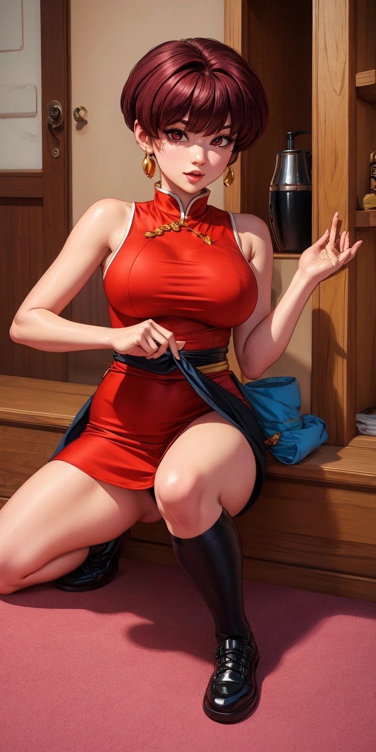 Masterpiece, stunning realistic, best quality, sharpness,1 girl,forehead mark,half body,pink hair,green eyes,bobcut,forehead mark,red hairband, red sleeveless dress, navel, groin,white pants, bracelet, cherry blossoms, falling petals,large breasts