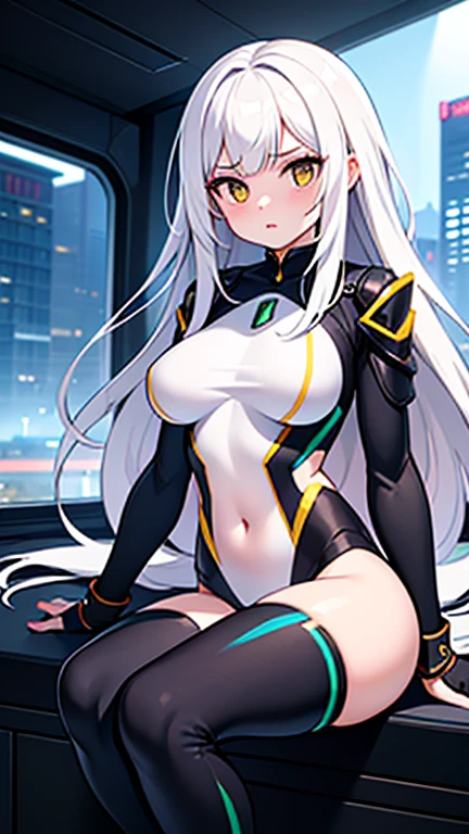 ppkgfl, 1girl, solo, (race queen), very long hair, visor cap, white belt, leotard, see-through, center opening, skin tight, bare shoulders, elbow gloves, fingerless gloves, white thighhighs, thigh boots, (standing), blush, smile, (arms behind back), hallway, <lora:ppkgfl_v26e2:1>