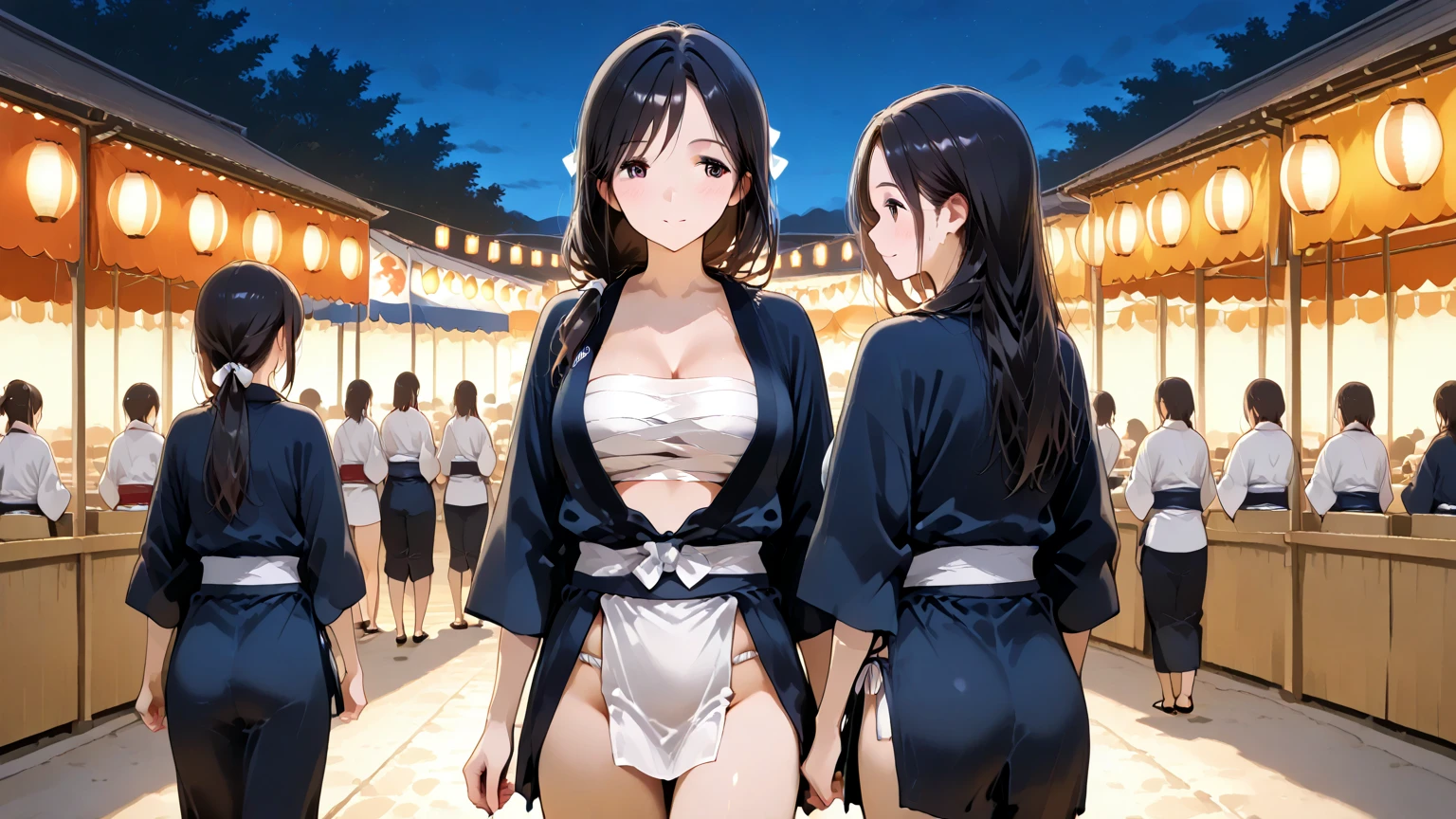 multiple thick body large breasts female side by side wearing skirts, different style skirts, darker skin females, lineup, onsen, (roll up skirt show lace pattern panties from behind), nsfw, (back view), daytime, female bodies wet,