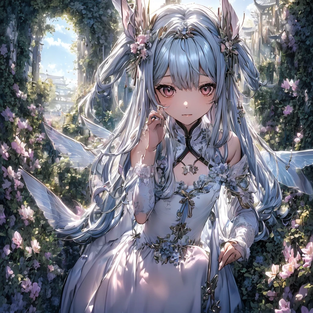 (Illustration Style:1.0), (One Woman:1.0), (20-year-old:1.0), (Small breasts:1.2), (flower garden background 1.3), (Lots of flowers:1.3), (floating pose, Jumping:1.2),
(Medium Shot:1.2), (Written boundary depth:1.1), Blake
(A beautiful face with perfect symmetry:1.1), (Beautifully detailed clear blue eyes:1.1),
(Cybernetic female robot:1.0), (Very detailed mech suit:1.1), (White Gothic Breastplate:1.1),
(Long silver hair:1.0),
(Gorgeous white shrine maiden outfit :1.3), ("Rainbow-colored holographic fairywings :1.3）, smile, Machinery Armor、Organic Armor Cyborg、Armor Textures、garden、Lots of flowersに囲まれています