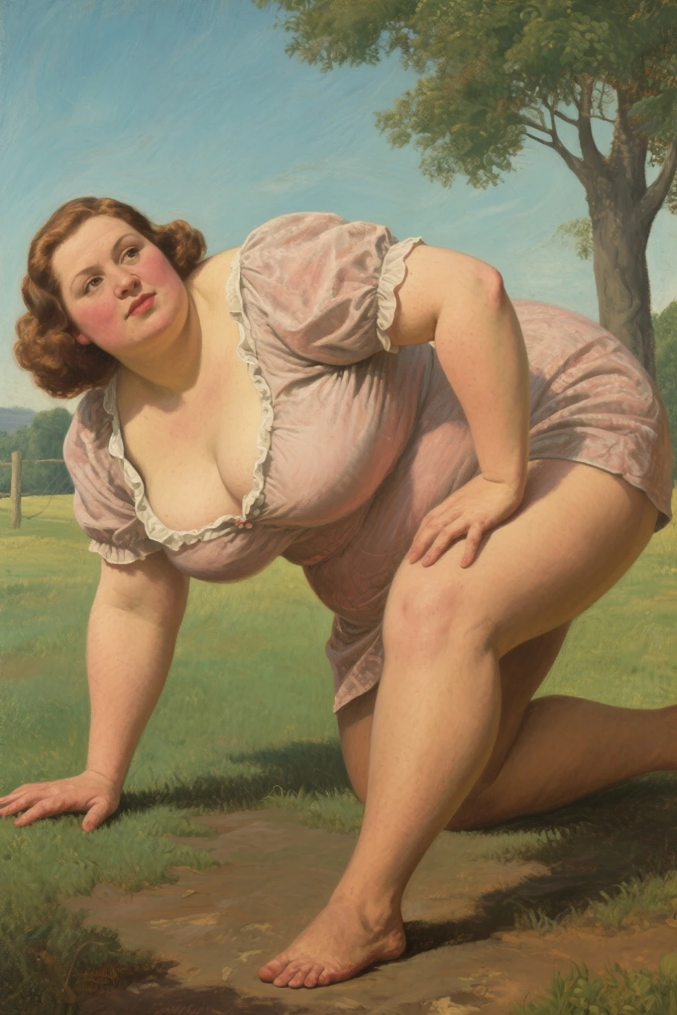 Painting by contemporary Lucas Cranach, A 21st century woman climbs the grass in gym clothes, high resolution, high quality, masterpiece, no frame