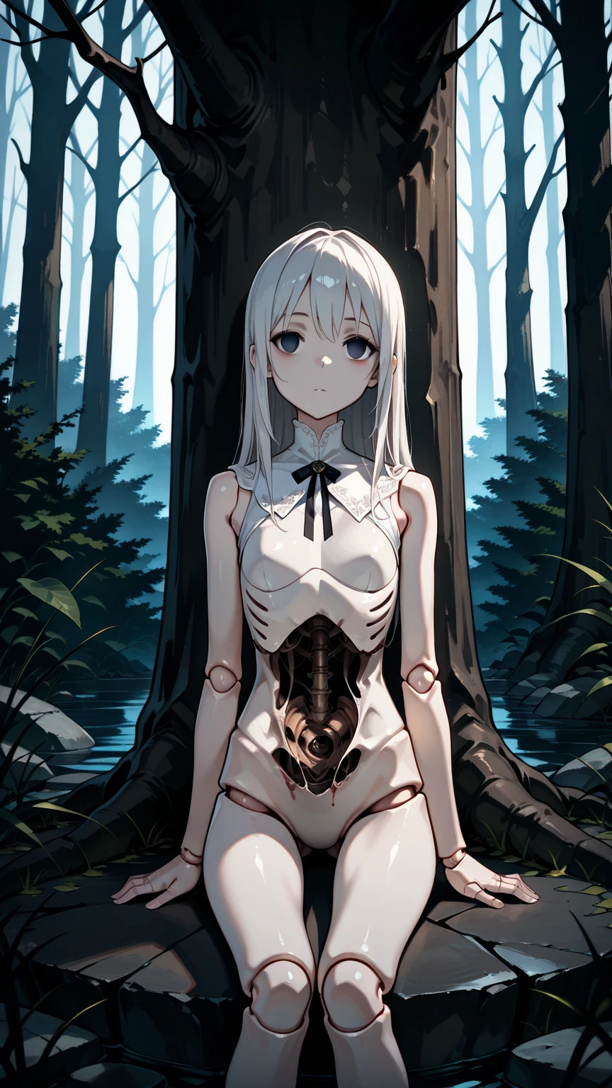 ((1 skeleton woman)),((bandages on arms and legs))),((completely naked, naked pussy, huge breasts, naked breasts)),((very long brown and white hair, blue eyes, face without hope)),((standing, 1 arm behind your back)),in a haunted forest, at night,