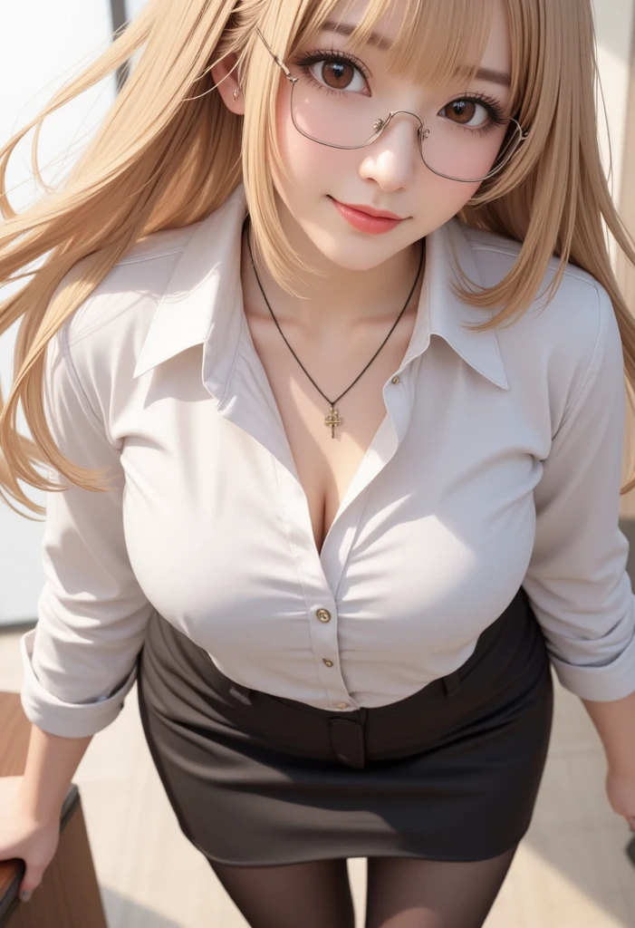 (highest quality, 8k, 32k, masterpiece, Ultra-high resolution:1.4),Be autiful Japanese Women Photos,
age22, Cleavage:1.2
, Medium meat. Sexy thighs, ,(blonde short hair:1.2), In front of the bookshelves in the library, (Open Tight see-through shirt white:1.3), Without skirt,Off the shoulder, (Shooting from the sky:1.2), L ooking at the audience, Sitting floor,Wooden floor, (Big face and big breasts:1.4), blush, (close:1) Mouth half open, ,Detailed face, ((Simple and stylish glasses))、((A transparent white shirt)),)(((long hair))