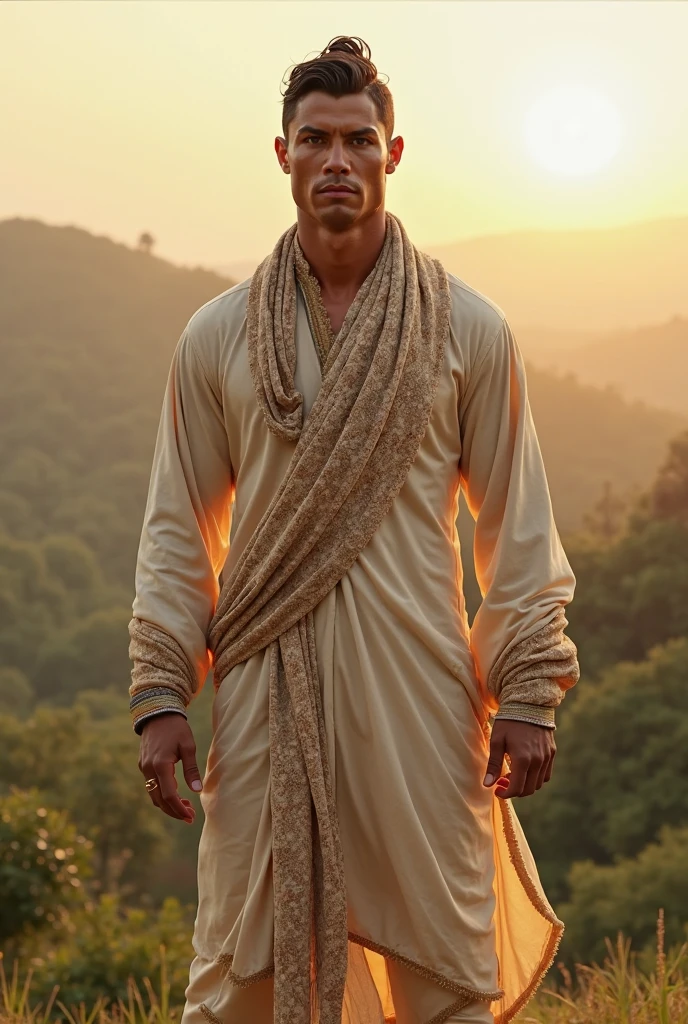 Indian prophet .ancient monk's clothes. the face is clearly visible. you can see all the details.4K. background futuristic temple. all the colors are bright and eye-catching