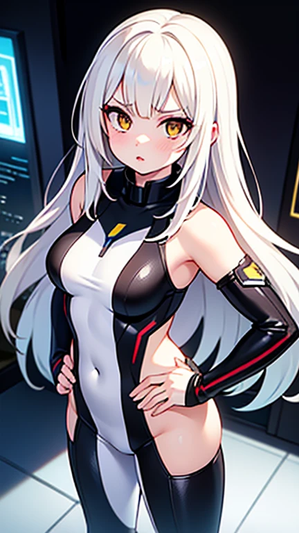 1lady solo, standing, /(grid girl/) /(silver costume with logo/) mini skirt, mature female, /(black hair/) bangs, kind smile, (masterpiece best quality high resolution 8k), delicate illustration, edge color lighting, pretty face, medium breasts, thigh boots BREAK (motor show indoors), audience, detailed background