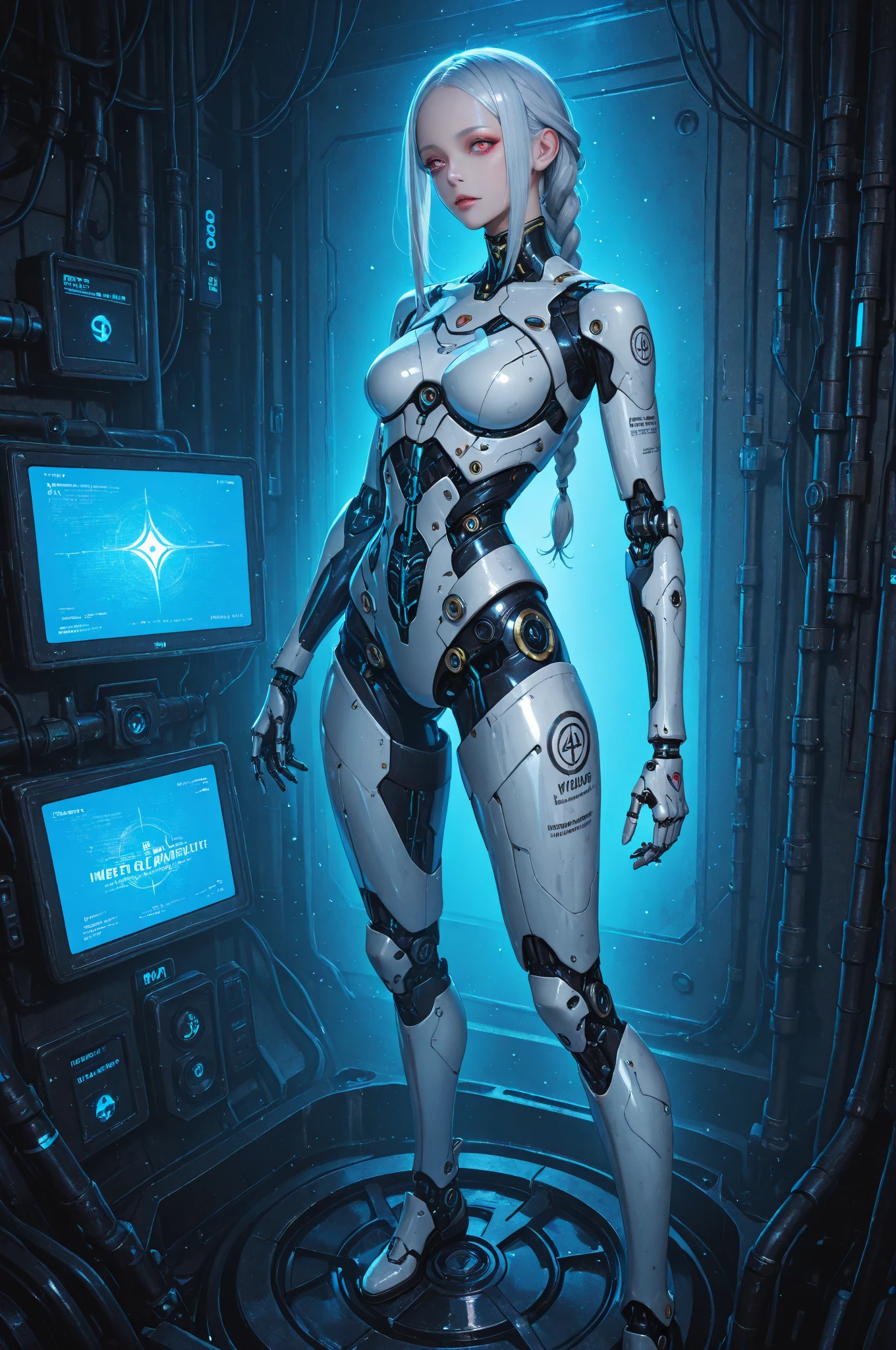 (Golden ratio:1.2),[(Black background:1.4)::10],(巨作), (Best quality), (Ultra detailed),(Disheveled hair),(illustration),Solo exhibition,ultra fine photos,1 girl in a tight futuristic white latex combat suit,There are glowing black wires on the combat suit,Smooth white suit,White iconic figure,Smooth white skin,White body,PVC,Glossy latex clothing,rubbersuit,Rubber belt，collars,(Futuristic full-face helmet:1.3)+(Transparent mask:1.3),Futuristic rubber gloves,Futuristic high boots,afterimage,half-mechanical,cyborg robot parts,machine arm,mechanical leg,Arm and leg cuffs, watchband,Cyberpunk world,Integrated flight device attached to the mechanical leg,A blue virtual screen is projected near the head,((Inverted triangle tattoo on the crotch:1.3)),(atheletic body:1.2),(Stand on top of a skyscraper:1.2)+(White-winged jetpack:1.3)+[(Inception:1.2)], Best quality at best， tmasterpiece， offcial art， Unified 8K wallpapers， super detailing， tack sharp focus， dynamicposes， Body parts， There are no extra limbs， Precise anatomy