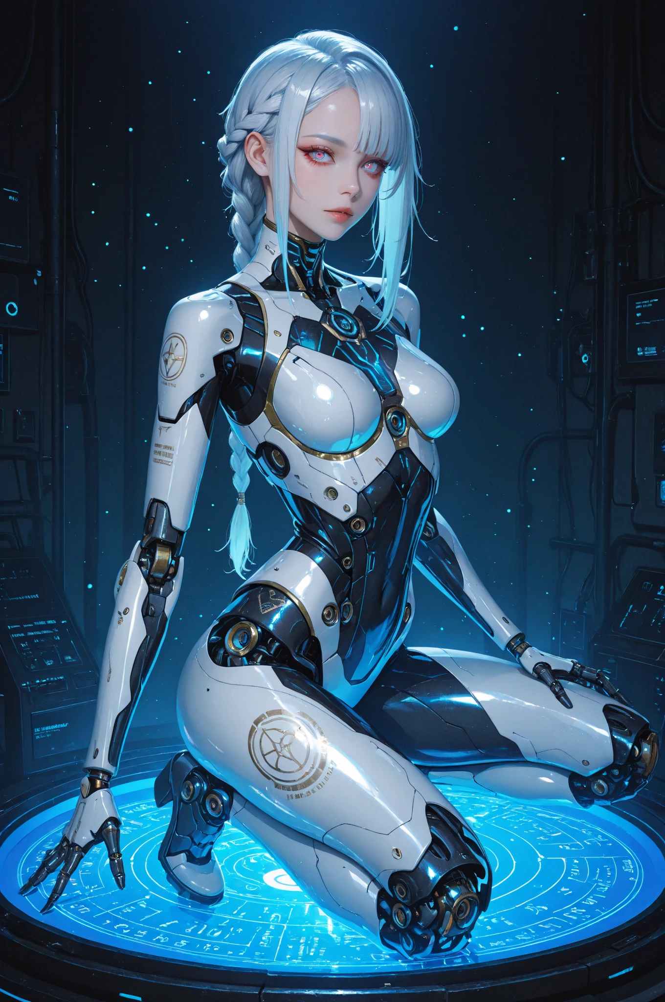 (best quality,4k,8k,highres,masterpiece:1.2),ultra-detailed, anime style, line art, slim thicc waifu:1.5, waifu, ((white hair)), pretty, gorgeous, beautiful, fat ass, long eyelashes, scars, freckles, curly hair, neat ponytail, cybernetic, blindfold, robotic, cyborg, synthetic humanoid, synth, synthetic, cyberware, futuristic, scifi, mechanical body, sex doll, living sex toy, slave, bubble butt, sex slave, test subject