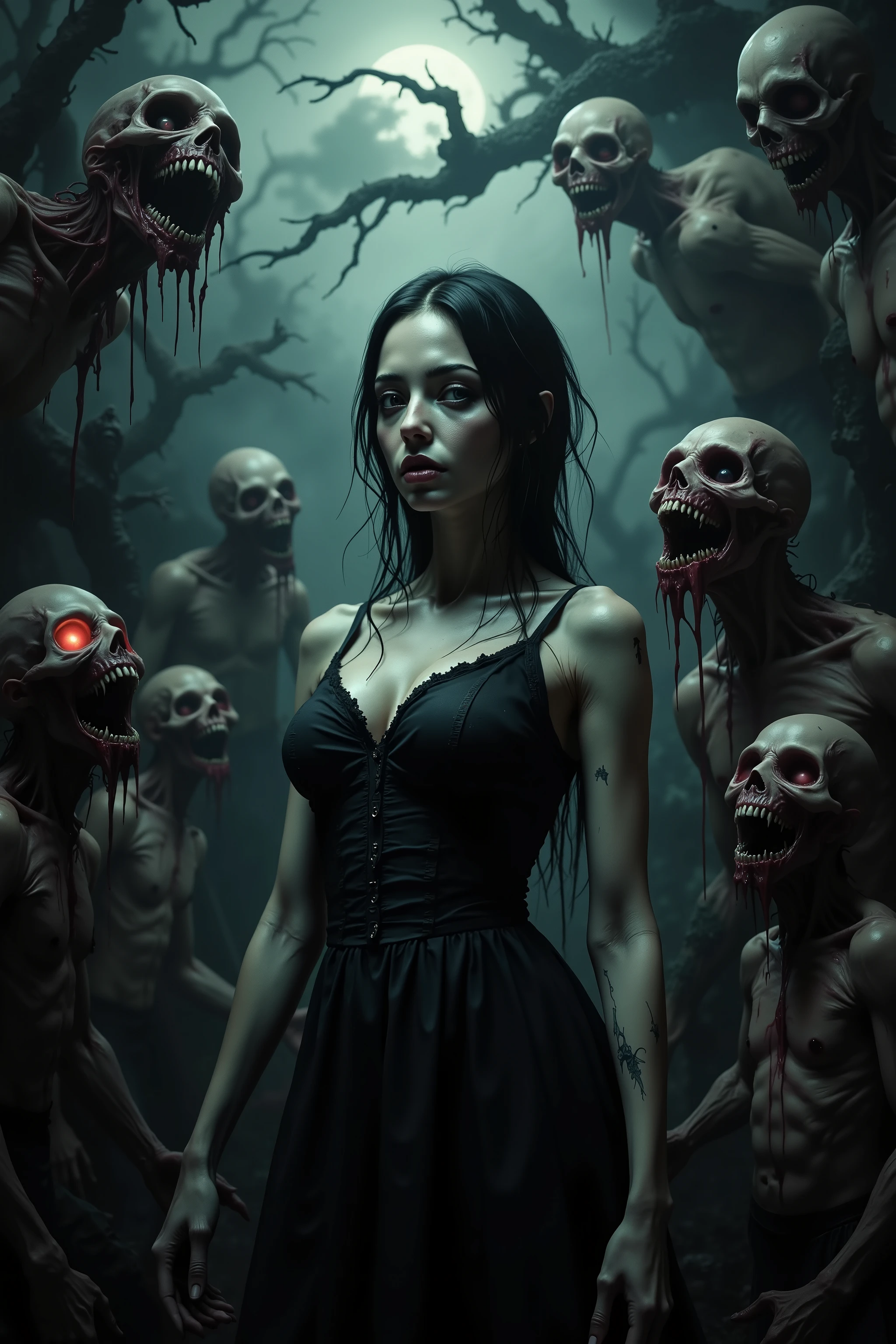 Ultra-realistic, photo-realistic, ultra-detailed, physically-based rendering, spooky atmosphere, surreal elements, macabre composition, nightmarish.   A woman and her aborted babies are stuck in Hades. 