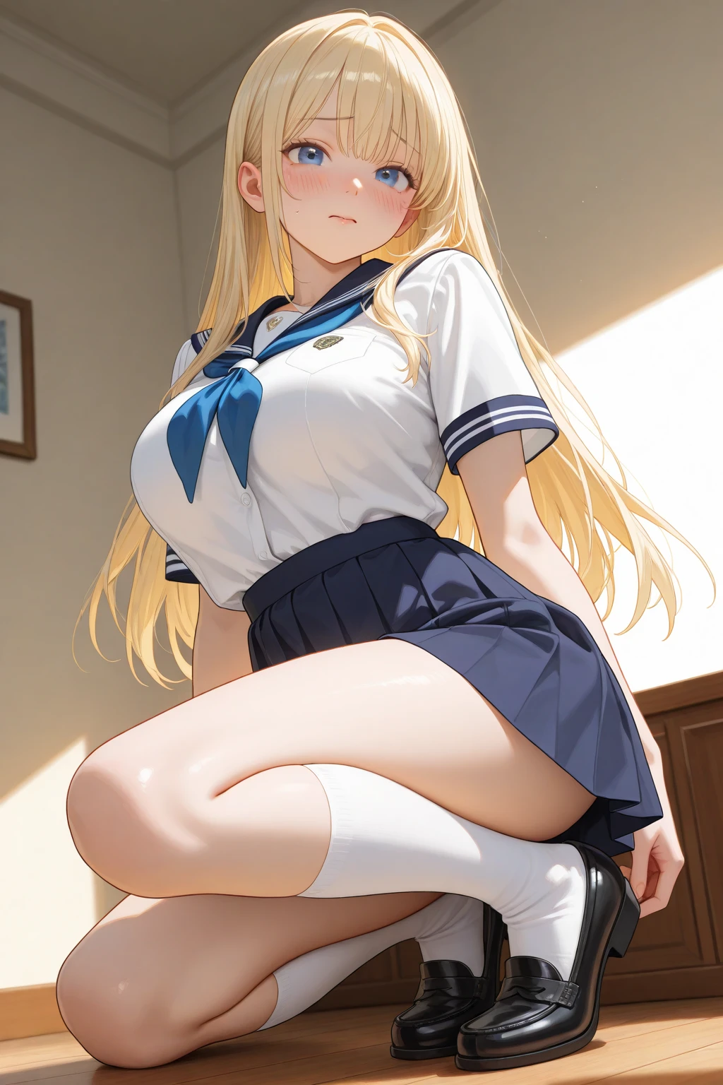<lora:school_stairs_v0.5:1> school stairs, socks, shoes,
(from below, low angle, crotch, crotch focus, spread legs, pussy juice:1.4), squatting, wind, (school uniform, serafuku, school bag, skirt lift, wet, wet skin, striped panties, wet panties:1.4),
1girl, (young), pretty face, baby face, shiny skin, shiny hair, floating hair,flat breasts, small breasts, narrow waist, slim,
embarrassed, blush, expressionless, looking to viewer, looking down,