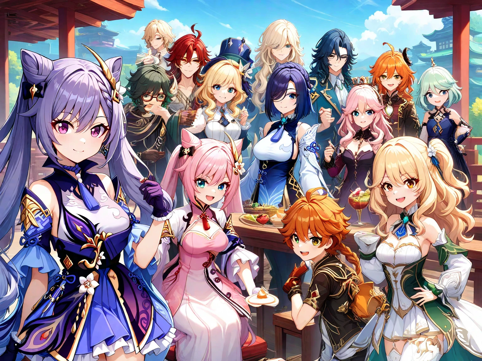 A party of beautiful women and men on a journey, fully equipped with armor, sitting and enjoying themselves, a tavern where everyone is having fun, anime, heartwarming, medieval, bard, epic,