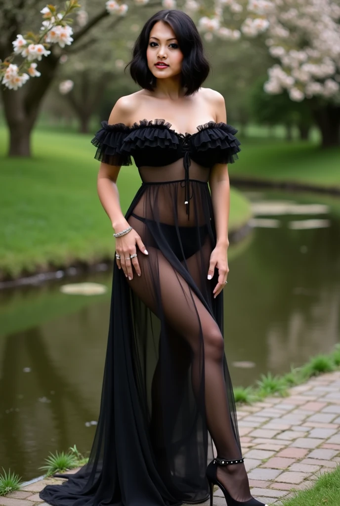 ((by night、Real Light、beste-Qualit、8K、шедевр:1.3))、(photo- realistic:1.4)、Only one woman、Slender figure beauty、dark brown hair、thin sheer lace dress、Skin shows through、Europa Castle Garden Terrace、hyperdetailed face、Detailed eye、双眼皮、Full Body Pose、