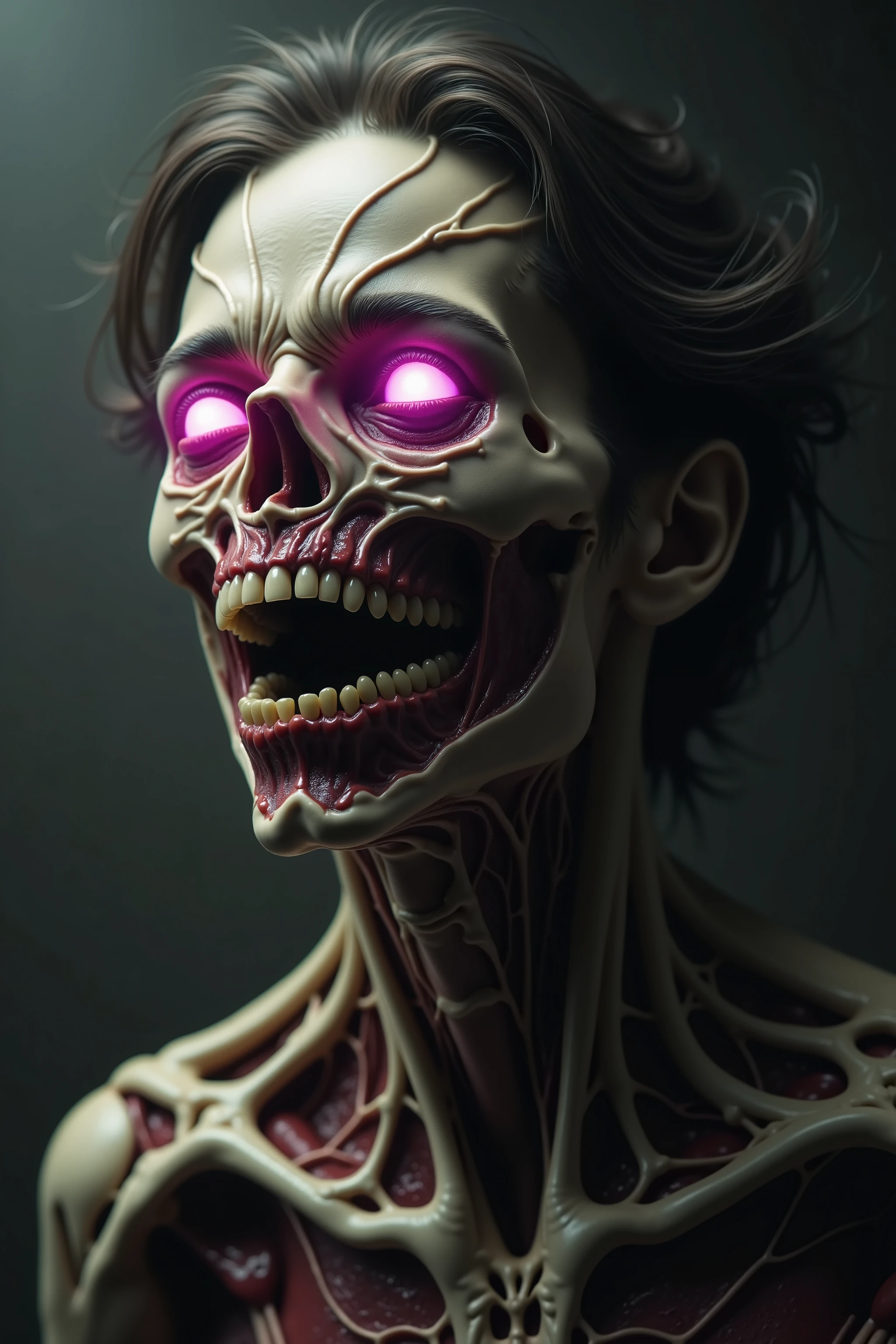 The image presents a dark, atmospheric scene focused on a human-like figure. This figure is notable for an upper torso and neck area that exhibits a surreal, almost biomechanical structure. The skin appears to be absent in some areas, revealing intricate networks of sinew-like material that create an open lattice pattern. Within this lattice, deep red, glossy surfaces are visible, suggesting exposed muscle or internal organs. The lighting is dim and moody, casting soft shadows that accentuate the texture of the flesh and the intricate details of the open lattice. The background is a gradient of dark tones, which keeps the focus entirely on the figure, emphasizing its unsettling and otherworldly appearance. Hair strands emerge in a disheveled manner, contributing to the eerie, uncanny atmosphere. The overall mood of the image is one of eerie fascination, combining elements of the macabre with an artistic exploration of human anatomy.