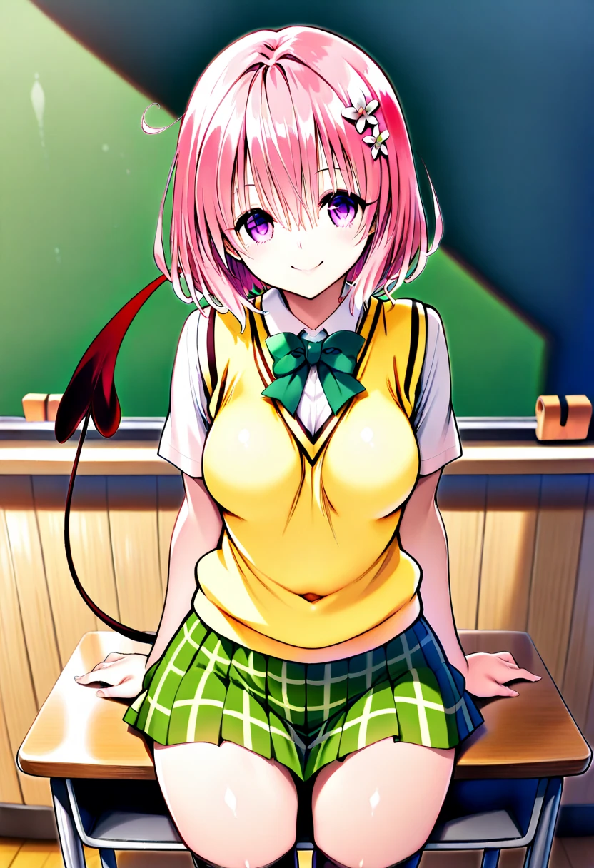 Nana Devilk, Nana That Devil's Place, tusk, Long hair, (Pink eyes:1.5), Pink hair, tail, (Twin-tailed:1.5), (Plump breasts:1.2), angry, Open mouth,
(Break Green Skirt:1.3), Plaid, plaid skirts, Southwest College Uniform, School uniform, Skirt, Shirt, White shirt, Sweater Vest, (Yellow sweater vest:1.5), Short sleeves,Break indoors, crass room,
BREAK looking at viewer, (Cowboy Shot:1.5),BREAK (masutepiece:1.2), Best Quality, High resolution, Unity 8k壁纸, (Illustration:0.8), (Beautiful detailed eyes:1.6), extra detailed face, Perfect Lighting, extremely details CG, (Perfect hands, Perfect Anatomy),thighs thighs thighs thighs、