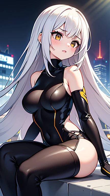A woman with silver hair, faint blue eyes, wearing a black race queen uniform, big breasts, on a race track, race flag, ultra resolution, very detailed, masterpiece, perfect quality, 4k hd
