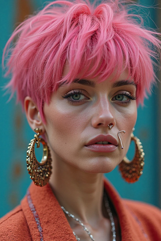 cleavage, (sharp focus:1.2), portrait, ((posing)), (beautiful face:1.1), detailed eyes, luscious lips, ((skindentation)), (bright studio lighting:1.2), portrait of woman by Flora Borsi, style by Flora Borsi, bold, bright colours, orange Mohawk haircut, ((Flora Borsi))