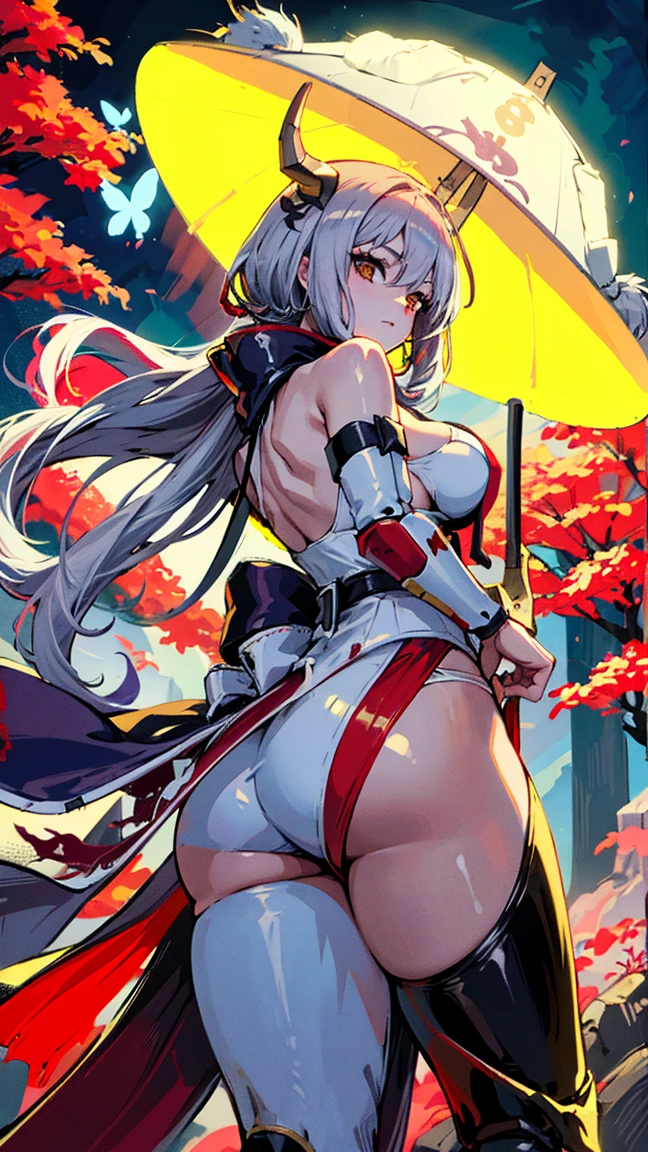 An adult woman half fox and wolf, wide breasts, red eyes, white hair, very angry, wearing a bikini, standing on her back, wide ass, looking back, wolf tail, holding a sword behind her back, and very sexy