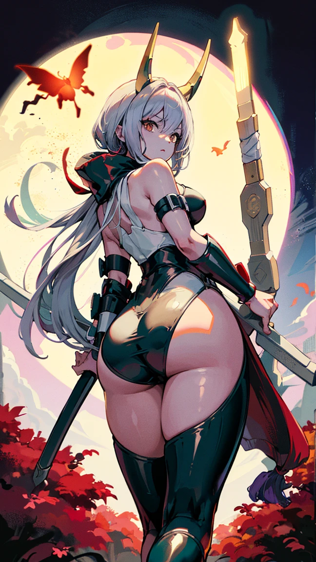 (((back view))), (((perfect ass))), (best qualityer))), (((manga strokes))), woman knight with a black armor, (((girl with red helmet))), metal panties, medieval albino girl, Barbed wire garter belt, breasts covered with a wave-shaped metal breast protector, Curly white hair, long ribbon-garter, chains wrapped around the arm, metal gloves, great sword, medieval castle, fitness body, blood, nude belly, coxas nuas (((manga style))), violent, Manic, slenderbody, thin but strong, perfectbody, armor black, ornate metal sleeves, intricate visual com um castelo medieval enorme, ((( sculptural body ))), (((1 girl))), garota de 25 anos com perfectbody,,Beautiful and well-groomed face,muscular body:1.2,solid color detailed jacket, (Head to thigh photos), Complex equipment, (((standing alone))), pirralha violent, ((())), sexly, pose de atitude, work of art, post-apocalypse, (((manga style))), bounty hunter, violent, Manic, the way you want, slenderbody, thin but strong, perfectbody, roupa moderna, advanced technology, neon, sleeves with vertical striped pattern, intricate background, (( cowboy shot )). intricate visual