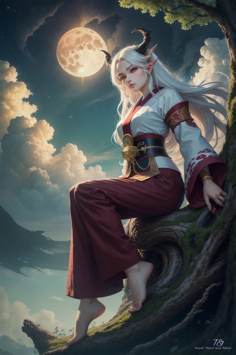 Best image quality, MasterPiece, ultra-high resolution, (accuracy: 1.4), Very beautiful girl, long straight hair, white hair with bangs, dressed in an unbuttoned kimono, naked big breasts, sitting in the lotus position, hands pointing to the sides, reciting mantras, against the background of the night starry sky there is a big fluffy hare, a red moon. detailed eyes and face, naked body,, nfsw Beautiful detailed eyes, halo around the head, dull, dark, membranous, 1.5), (erotic clothing: 1.4), bare shoulders.