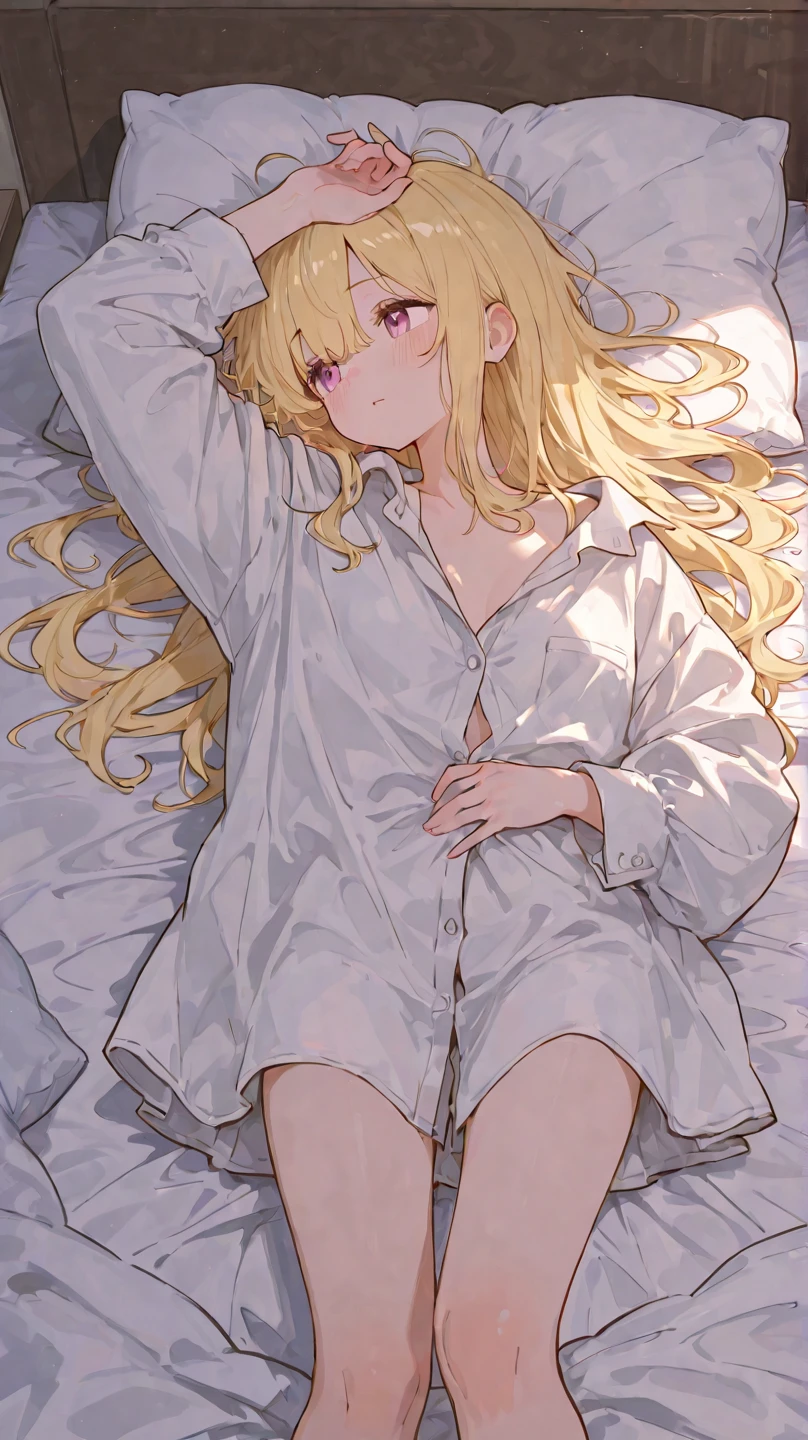 a beautiful blonde haired girl sleeping in a bed, wearing a white shirt with the sleeves rolled up, tie loosened, torn clothes, slender figure, beautiful collarbone